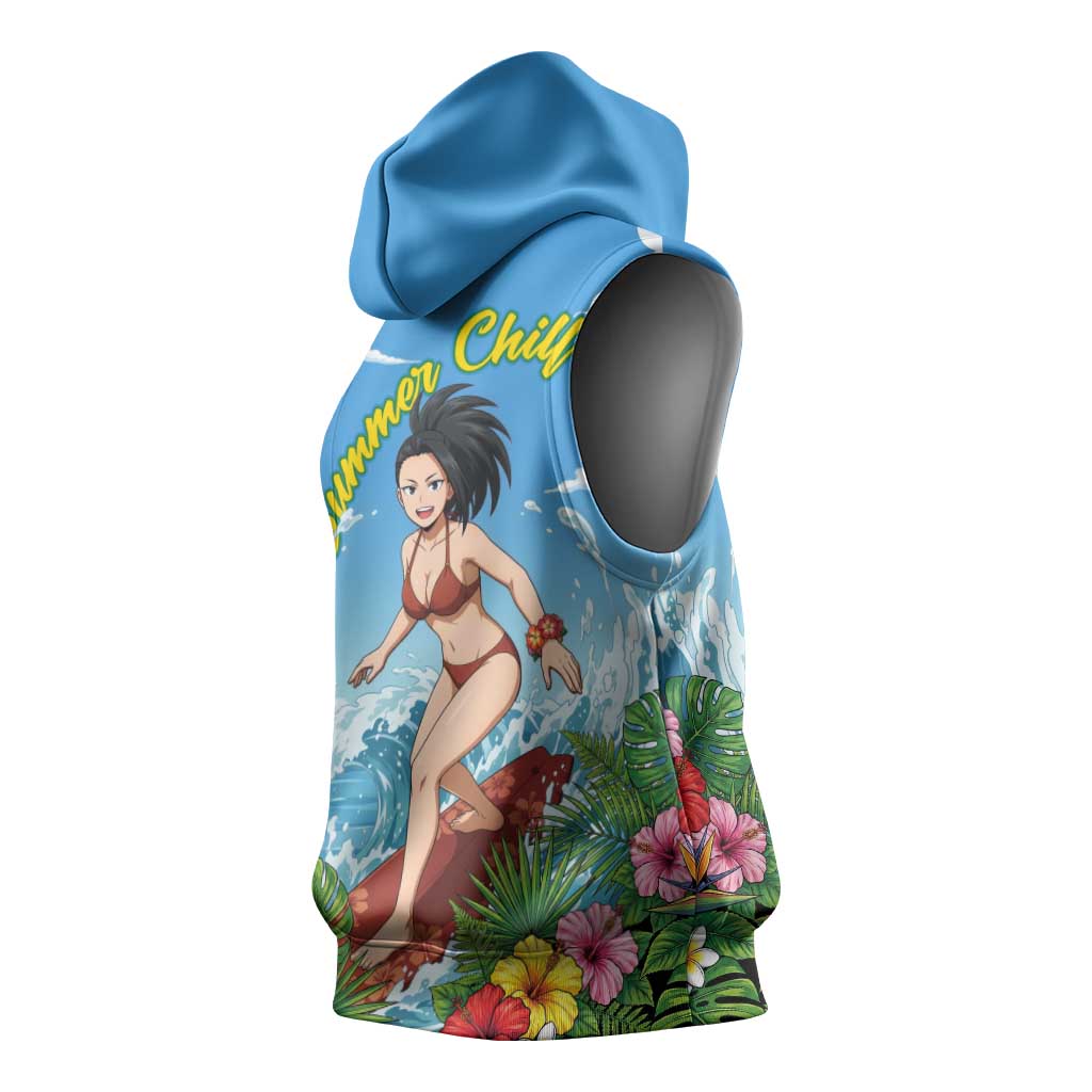 Momo Yaoyorozu Summer Chill Sleeveless Hoodie Tropical Anime Surf Adventure