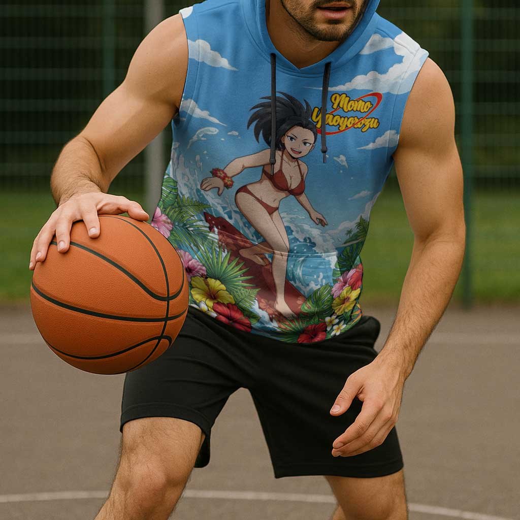 Momo Yaoyorozu Summer Chill Sleeveless Hoodie Tropical Anime Surf Adventure