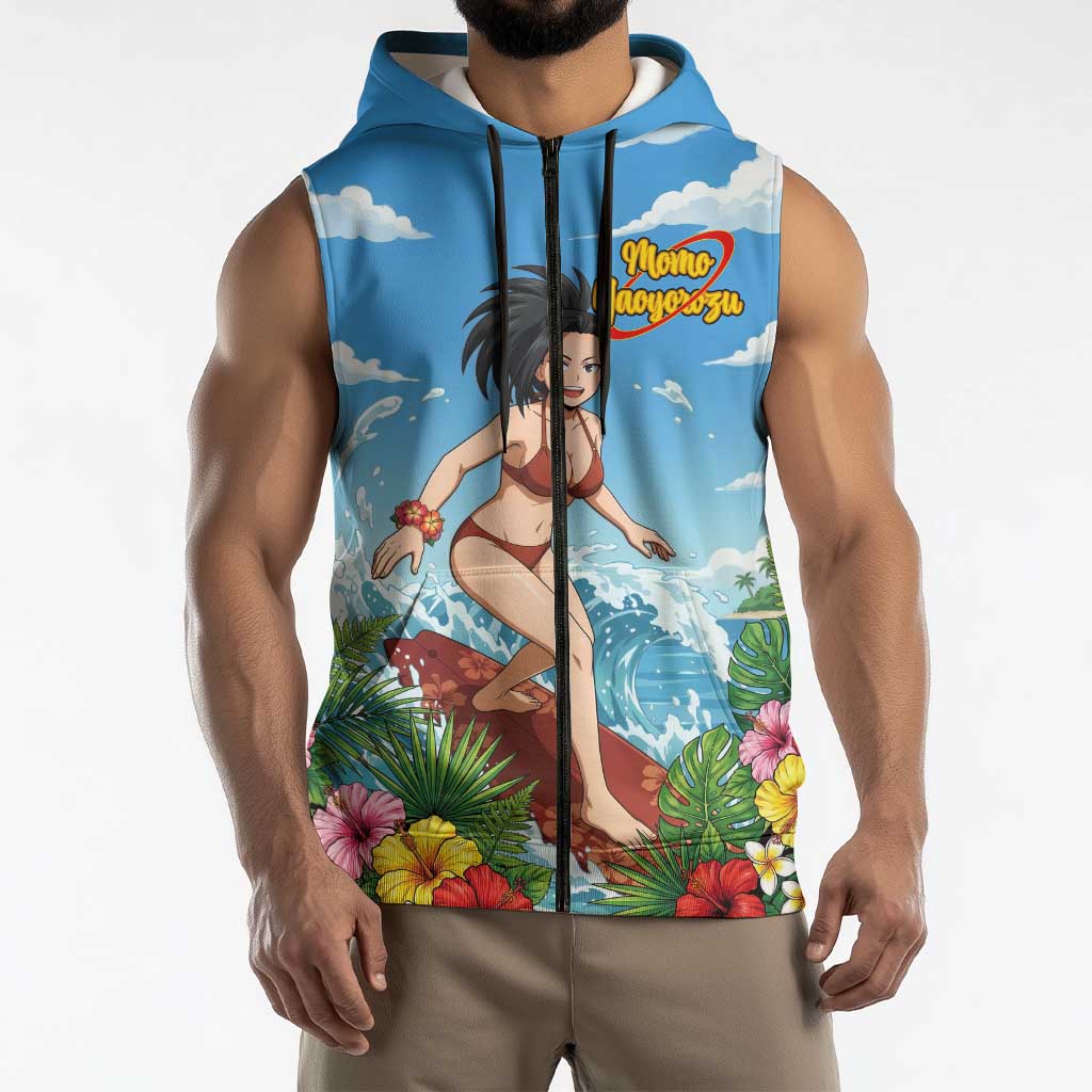 Momo Yaoyorozu Summer Chill Sleeveless Zip Hoodie Tropical Anime Surf Adventure