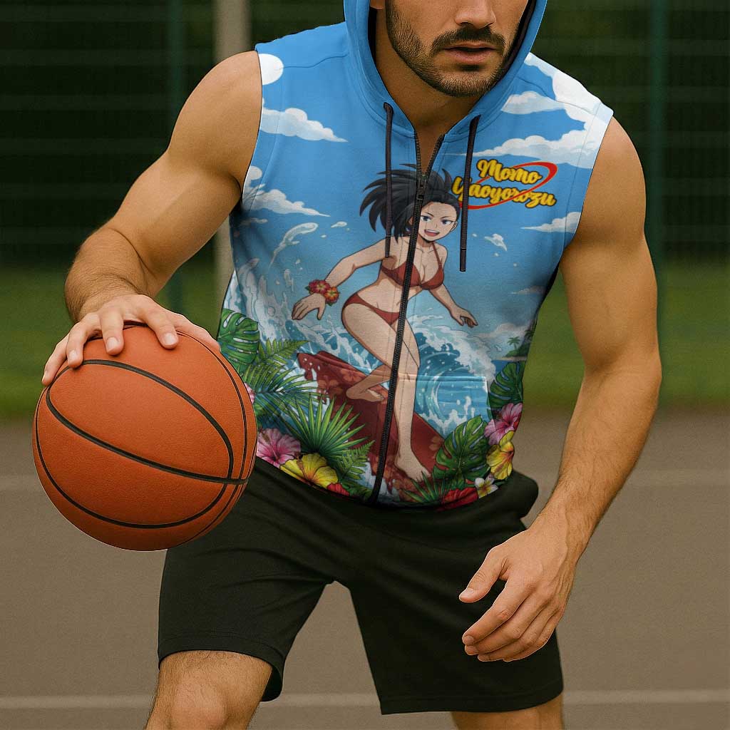 Momo Yaoyorozu Summer Chill Sleeveless Zip Hoodie Tropical Anime Surf Adventure