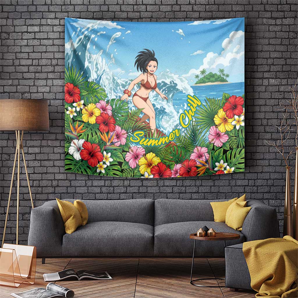 Momo Yaoyorozu Summer Chill Tapestry Tropical Anime Surf Adventure