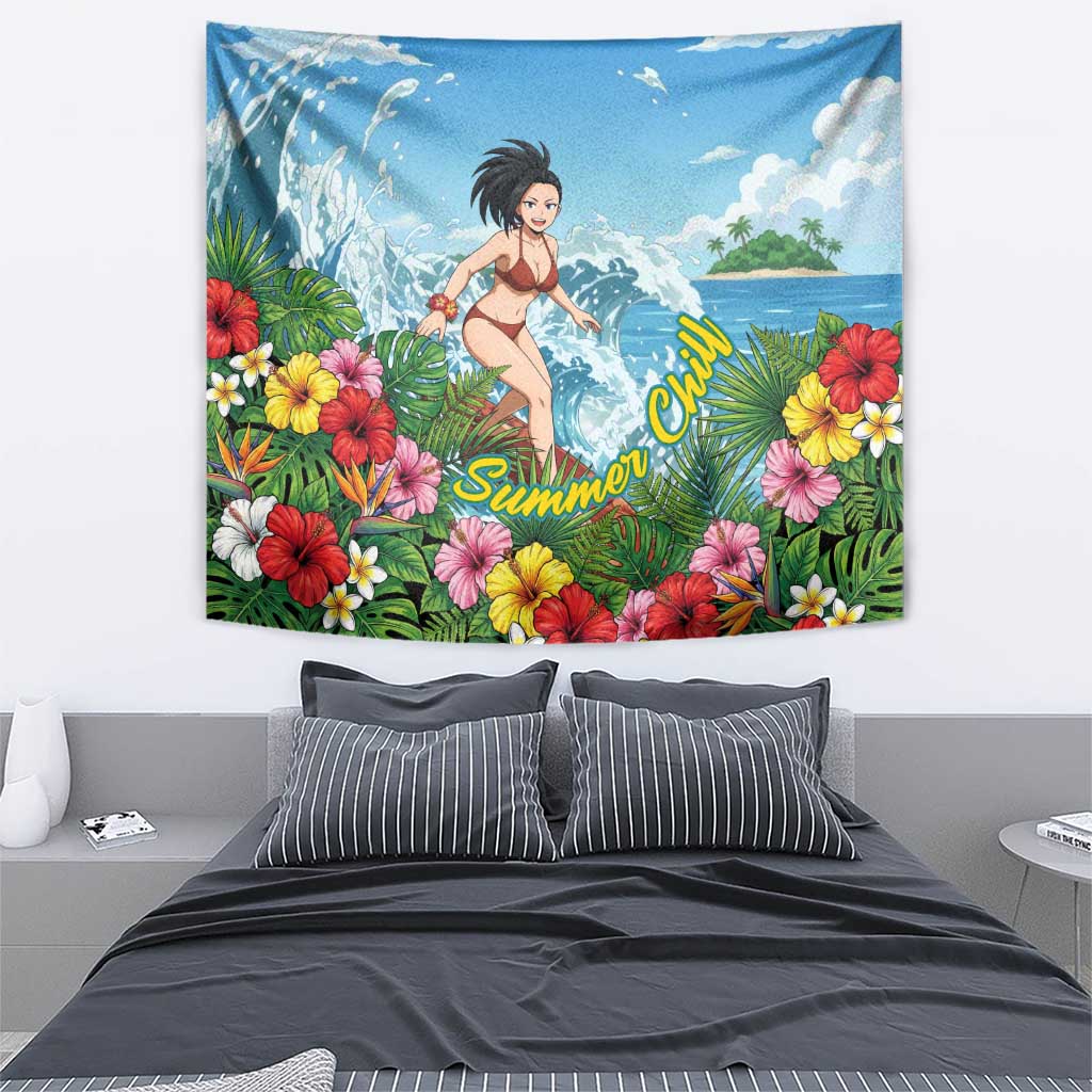 Momo Yaoyorozu Summer Chill Tapestry Tropical Anime Surf Adventure
