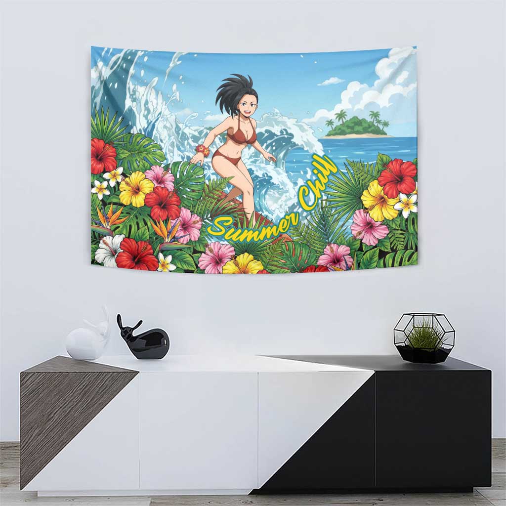 Momo Yaoyorozu Summer Chill Tapestry Tropical Anime Surf Adventure