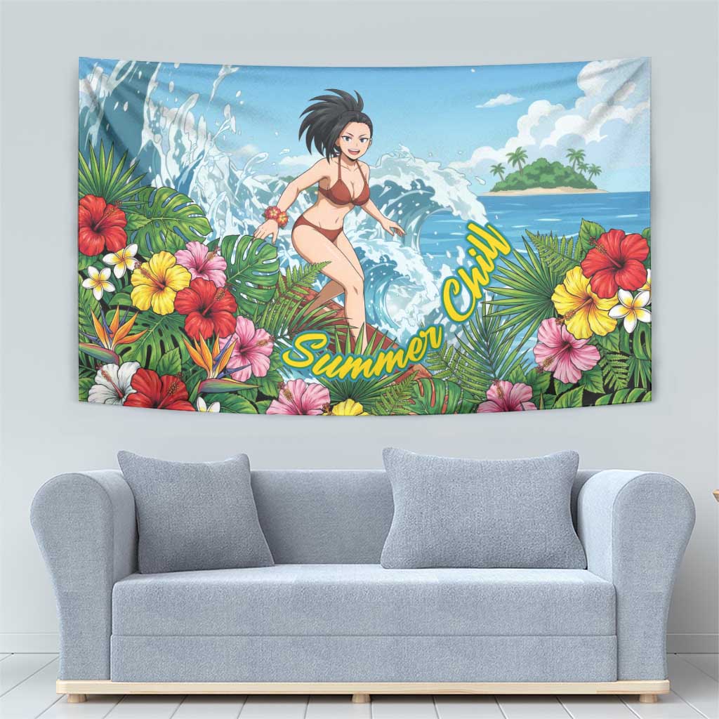 Momo Yaoyorozu Summer Chill Tapestry Tropical Anime Surf Adventure
