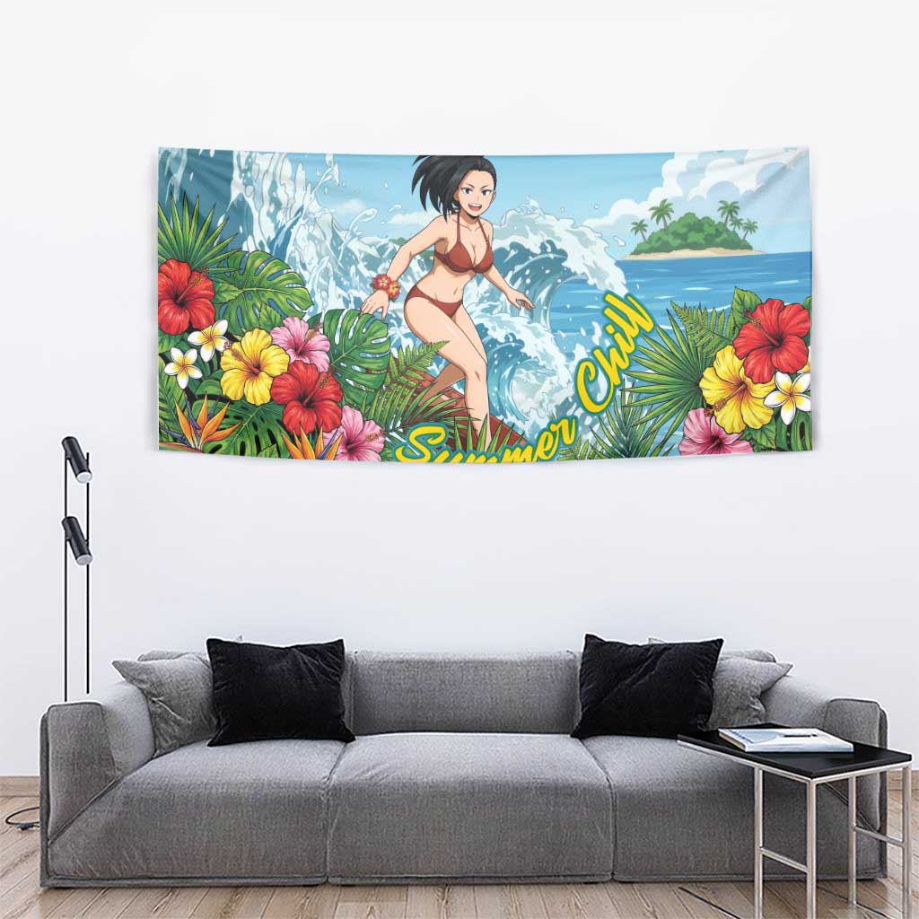 Momo Yaoyorozu Summer Chill Tapestry Tropical Anime Surf Adventure