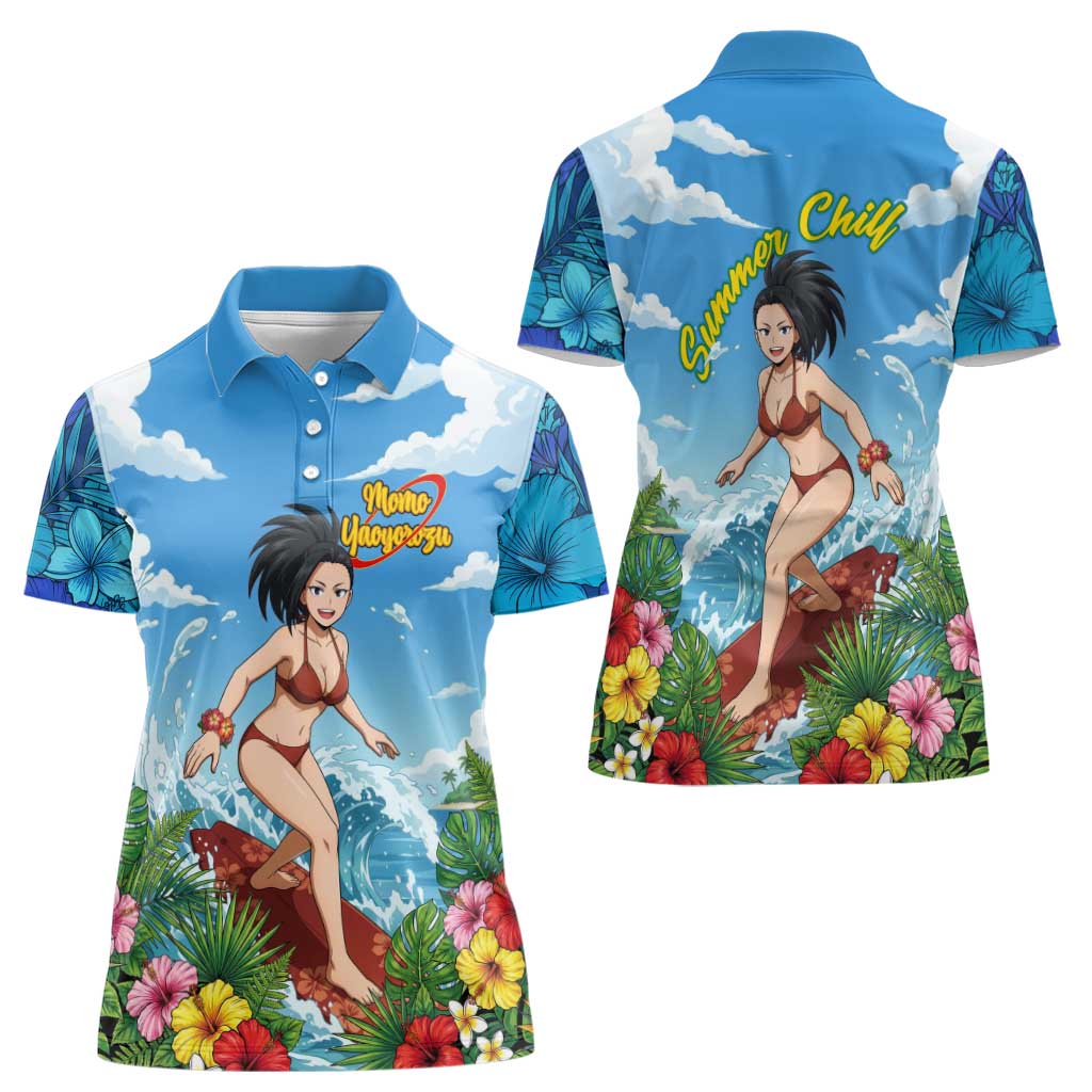 Momo Yaoyorozu Summer Chill Women Polo Shirt Tropical Anime Surf Adventure