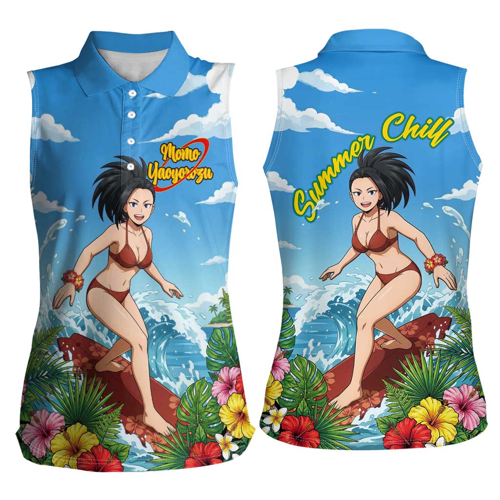 Momo Yaoyorozu Summer Chill Women Sleeveless Polo Shirt Tropical Anime Surf Adventure