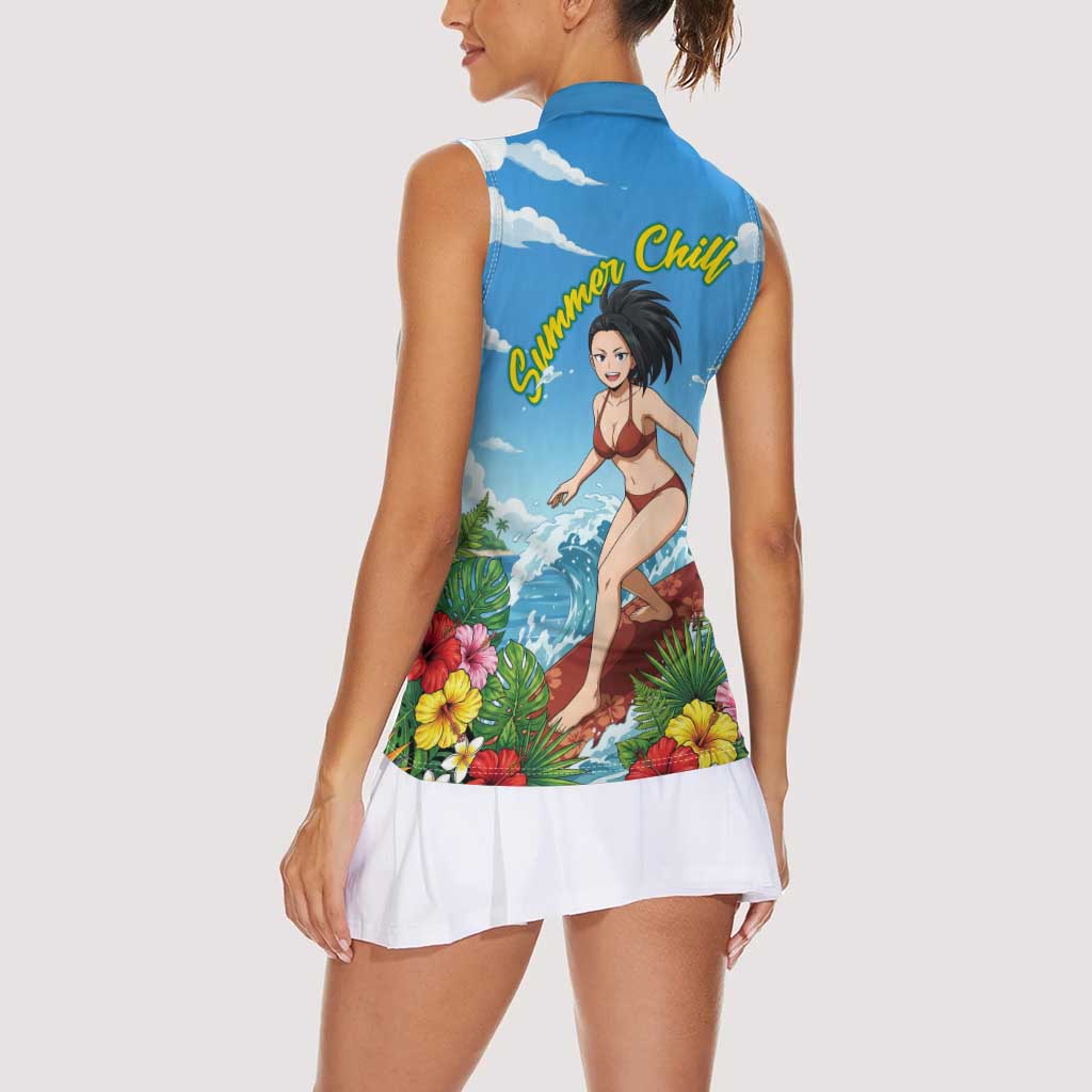 Momo Yaoyorozu Summer Chill Women Sleeveless Polo Shirt Tropical Anime Surf Adventure