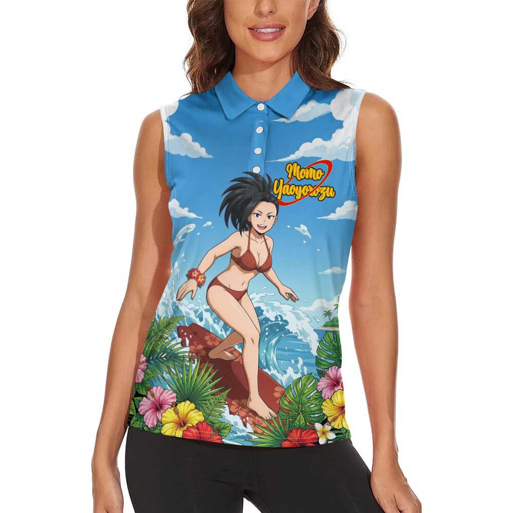 Momo Yaoyorozu Summer Chill Women Sleeveless Polo Shirt Tropical Anime Surf Adventure