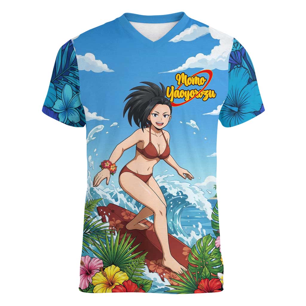Momo Yaoyorozu Summer Chill Women V-Neck T-Shirt Tropical Anime Surf Adventure