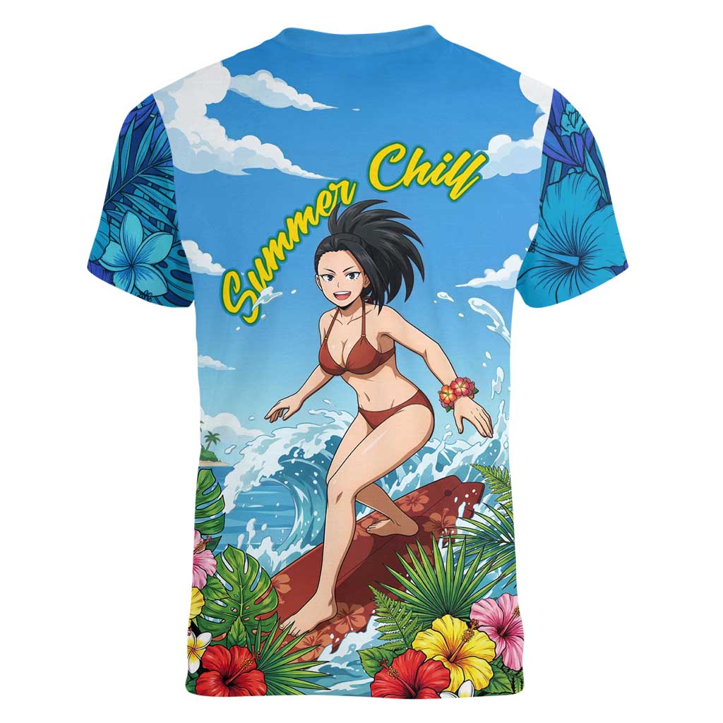 Momo Yaoyorozu Summer Chill Women V-Neck T-Shirt Tropical Anime Surf Adventure