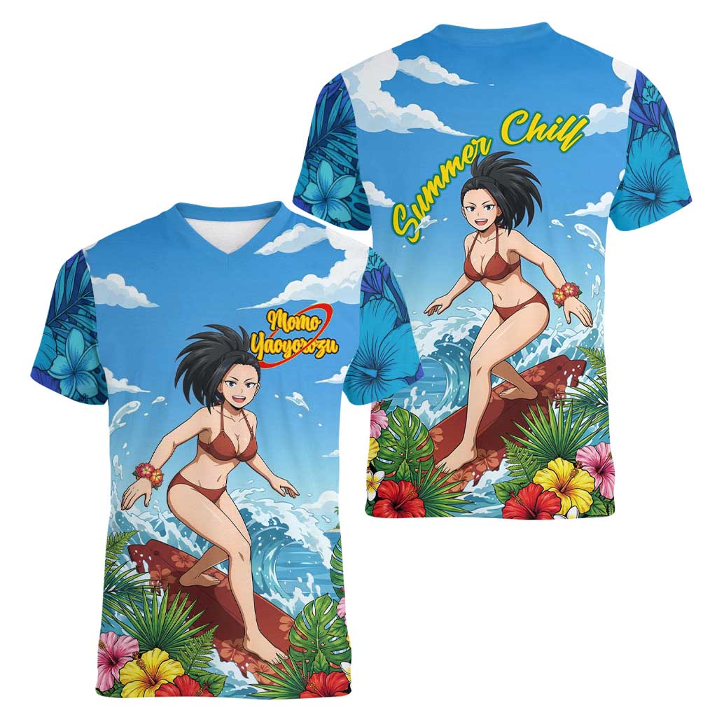 Momo Yaoyorozu Summer Chill Women V-Neck T-Shirt Tropical Anime Surf Adventure
