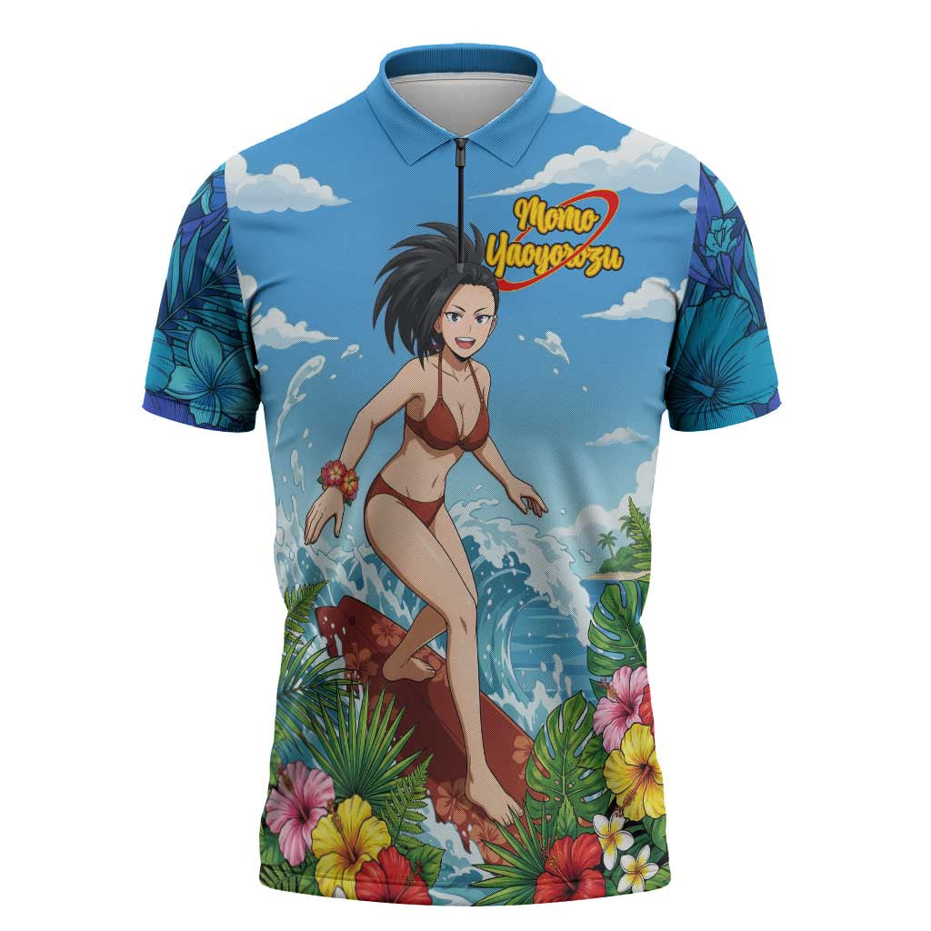Momo Yaoyorozu Summer Chill Zipper Polo Shirt Tropical Anime Surf Adventure