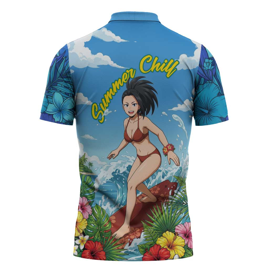 Momo Yaoyorozu Summer Chill Zipper Polo Shirt Tropical Anime Surf Adventure