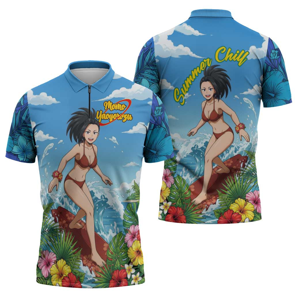 Momo Yaoyorozu Summer Chill Zipper Polo Shirt Tropical Anime Surf Adventure