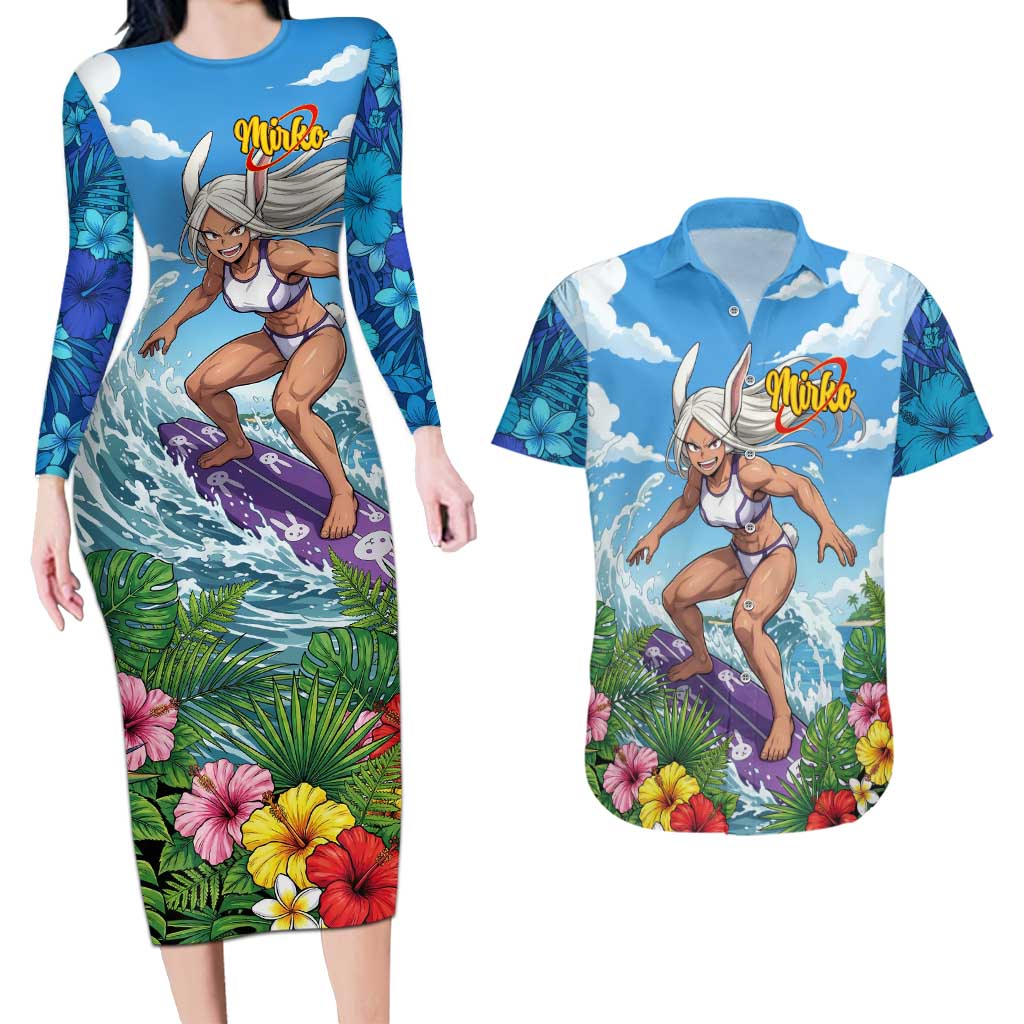 Mirko Summer Chill Couples Matching Long Sleeve Bodycon Dress and Hawaiian Shirt Tropical Anime Surfing Power