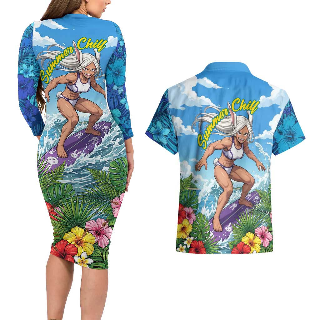 Mirko Summer Chill Couples Matching Long Sleeve Bodycon Dress and Hawaiian Shirt Tropical Anime Surfing Power