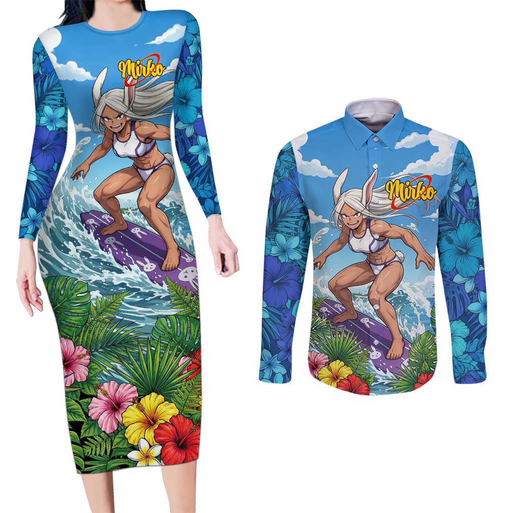 Mirko Summer Chill Couples Matching Long Sleeve Bodycon Dress and Long Sleeve Button Shirt Tropical Anime Surfing Power