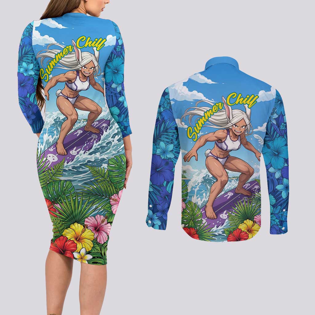 Mirko Summer Chill Couples Matching Long Sleeve Bodycon Dress and Long Sleeve Button Shirt Tropical Anime Surfing Power