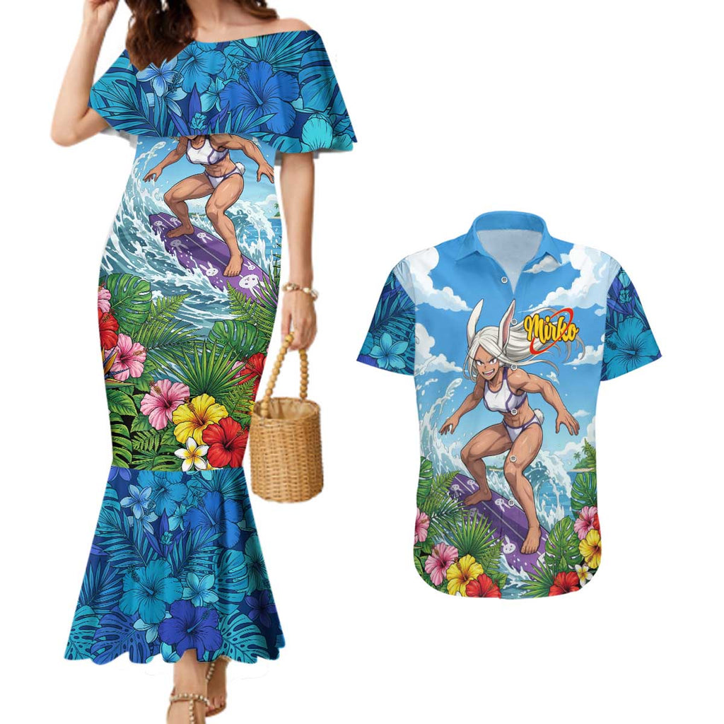 Mirko Summer Chill Couples Matching Mermaid Dress and Hawaiian Shirt Tropical Anime Surfing Power