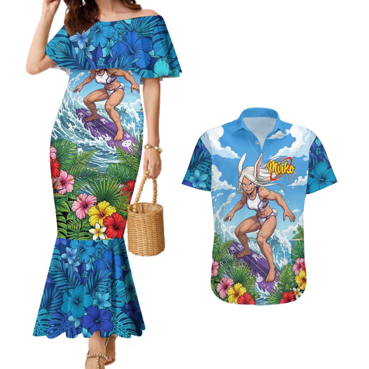 Mirko Summer Chill Couples Matching Mermaid Dress and Hawaiian Shirt Tropical Anime Surfing Power