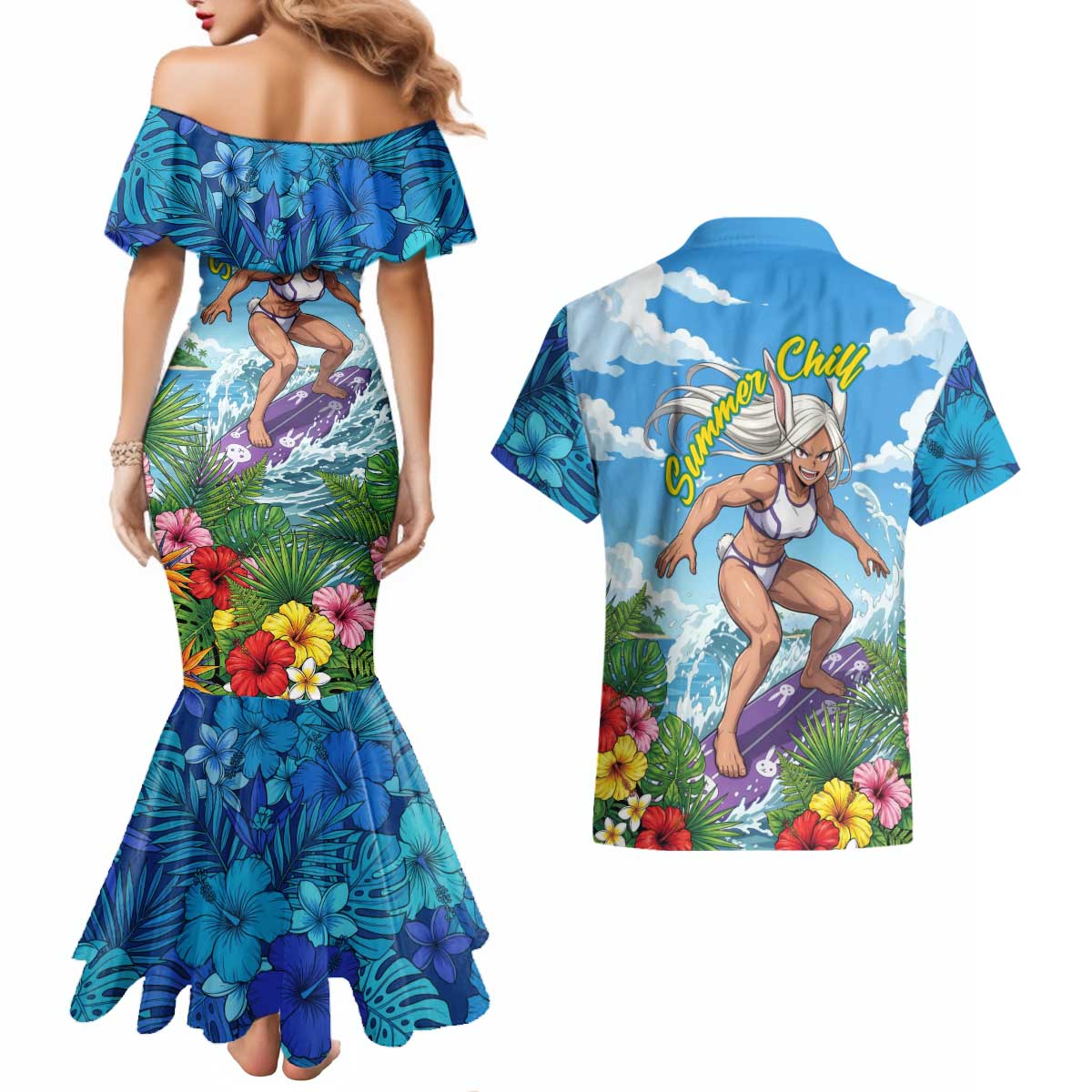 Mirko Summer Chill Couples Matching Mermaid Dress and Hawaiian Shirt Tropical Anime Surfing Power