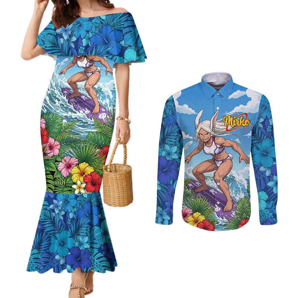 Mirko Summer Chill Couples Matching Mermaid Dress and Long Sleeve Button Shirt Tropical Anime Surfing Power