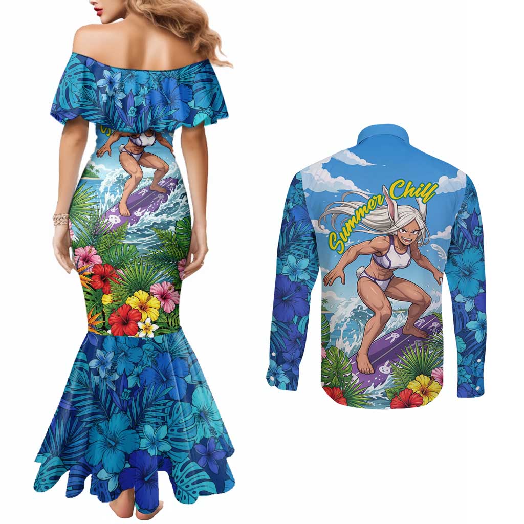 Mirko Summer Chill Couples Matching Mermaid Dress and Long Sleeve Button Shirt Tropical Anime Surfing Power