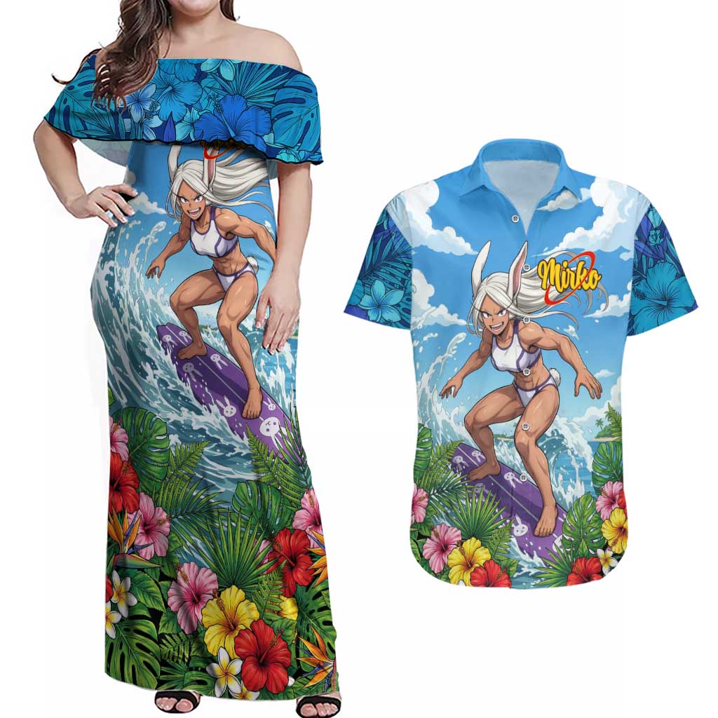 Mirko Summer Chill Couples Matching Off Shoulder Maxi Dress and Hawaiian Shirt Tropical Anime Surfing Power