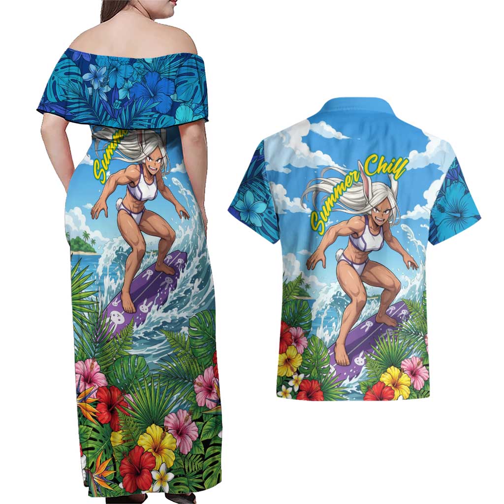 Mirko Summer Chill Couples Matching Off Shoulder Maxi Dress and Hawaiian Shirt Tropical Anime Surfing Power
