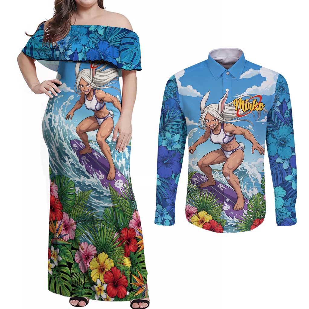 Mirko Summer Chill Couples Matching Off Shoulder Maxi Dress and Long Sleeve Button Shirt Tropical Anime Surfing Power