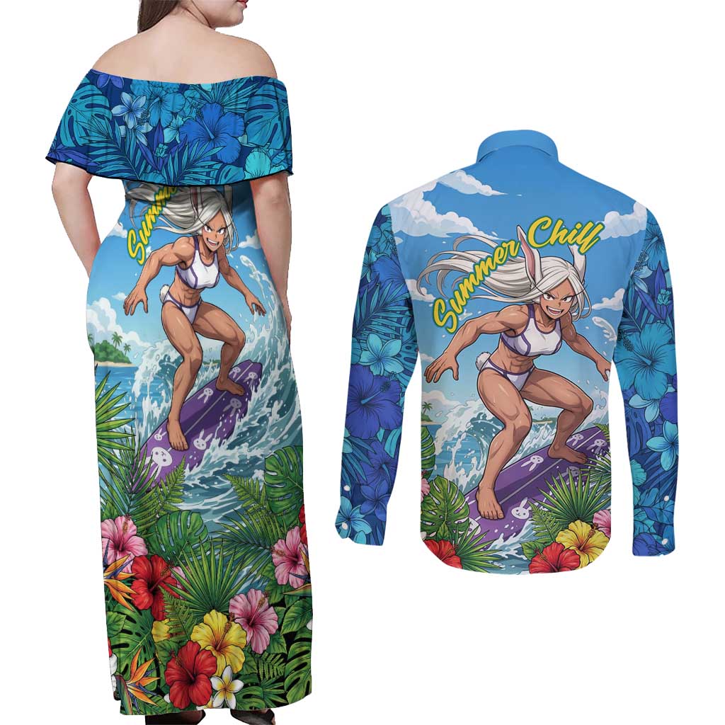 Mirko Summer Chill Couples Matching Off Shoulder Maxi Dress and Long Sleeve Button Shirt Tropical Anime Surfing Power