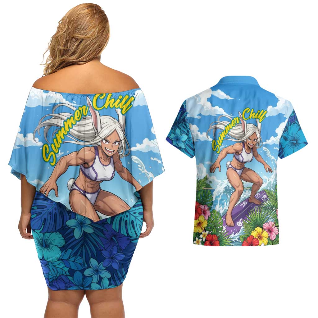 Mirko Summer Chill Couples Matching Off Shoulder Short Dress and Hawaiian Shirt Tropical Anime Surfing Power