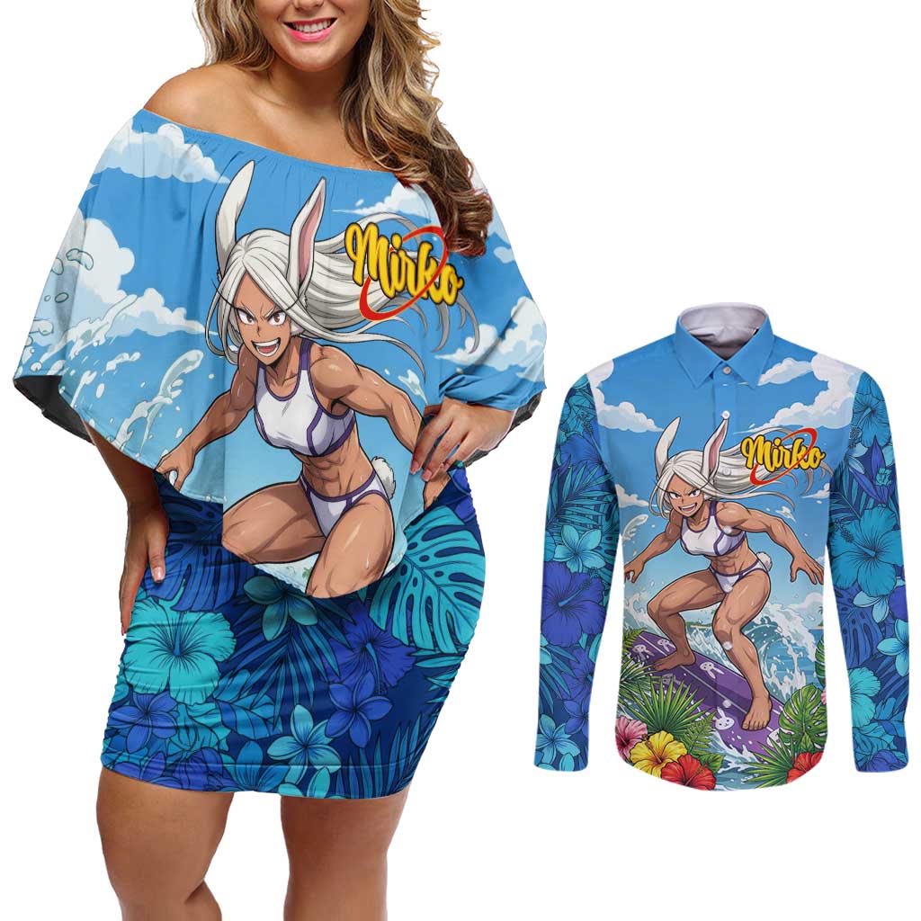 Mirko Summer Chill Couples Matching Off Shoulder Short Dress and Long Sleeve Button Shirt Tropical Anime Surfing Power