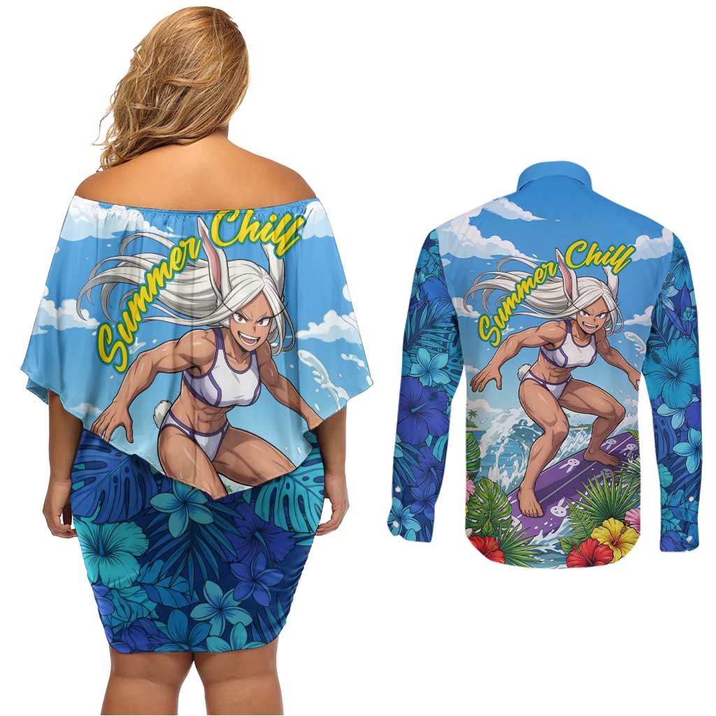 Mirko Summer Chill Couples Matching Off Shoulder Short Dress and Long Sleeve Button Shirt Tropical Anime Surfing Power