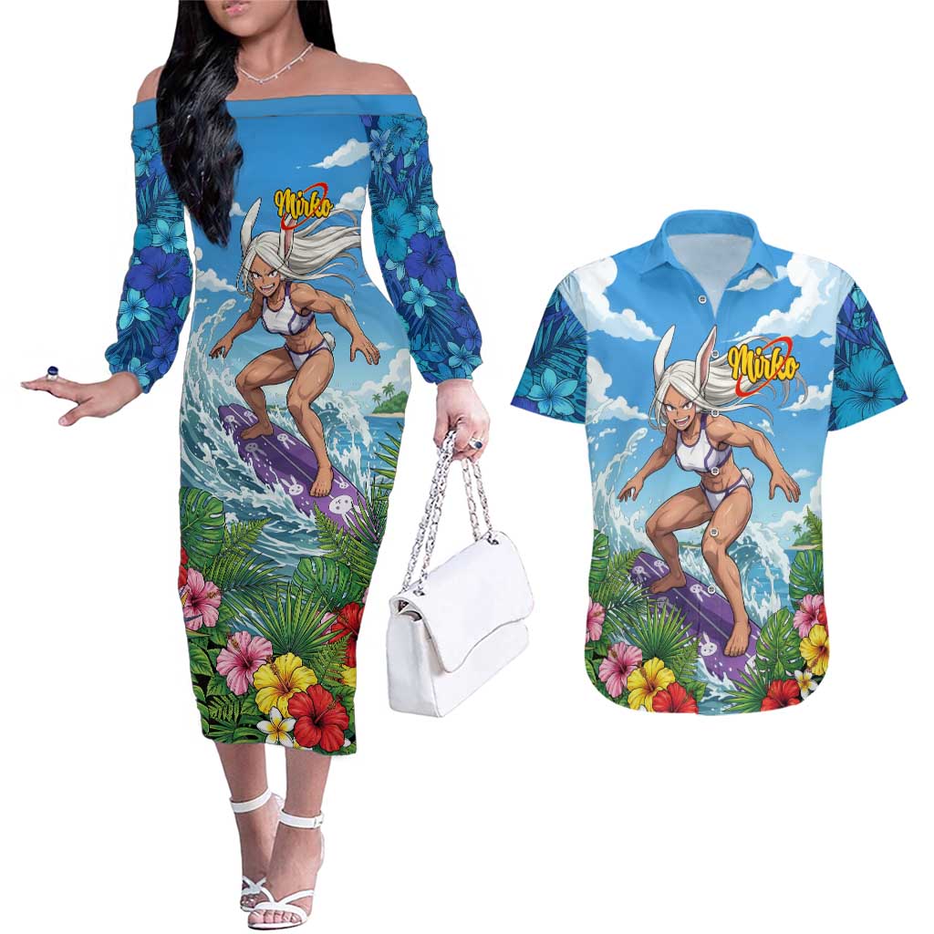 Mirko Summer Chill Couples Matching Off The Shoulder Long Sleeve Dress and Hawaiian Shirt Tropical Anime Surfing Power