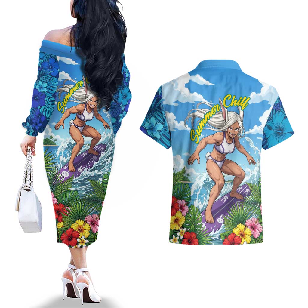Mirko Summer Chill Couples Matching Off The Shoulder Long Sleeve Dress and Hawaiian Shirt Tropical Anime Surfing Power