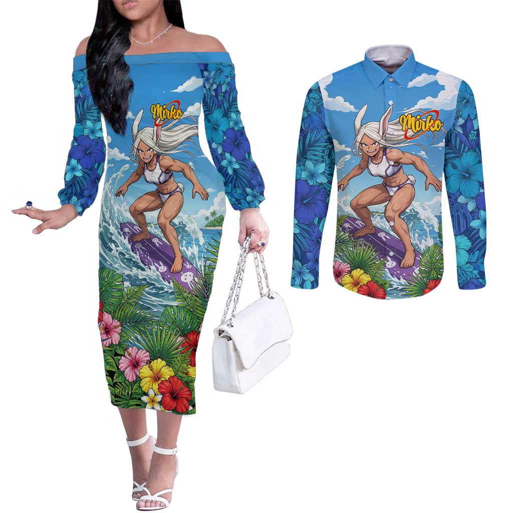 Mirko Summer Chill Couples Matching Off The Shoulder Long Sleeve Dress and Long Sleeve Button Shirt Tropical Anime Surfing Power