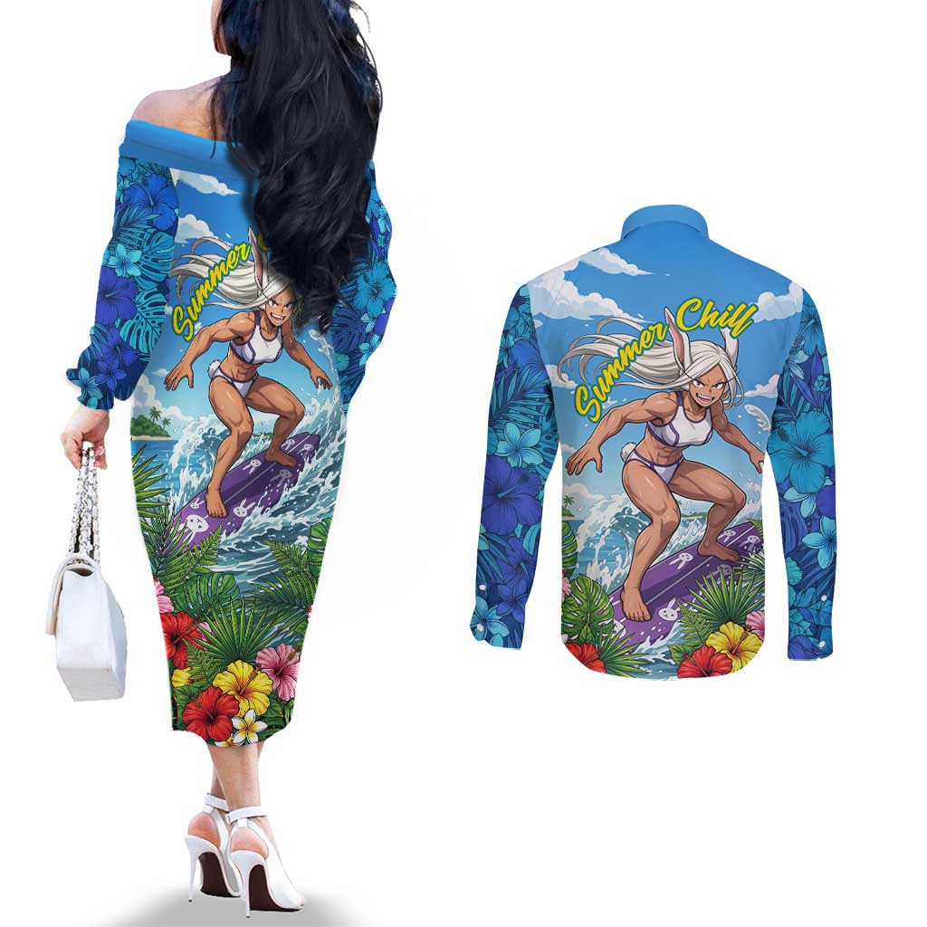 Mirko Summer Chill Couples Matching Off The Shoulder Long Sleeve Dress and Long Sleeve Button Shirt Tropical Anime Surfing Power