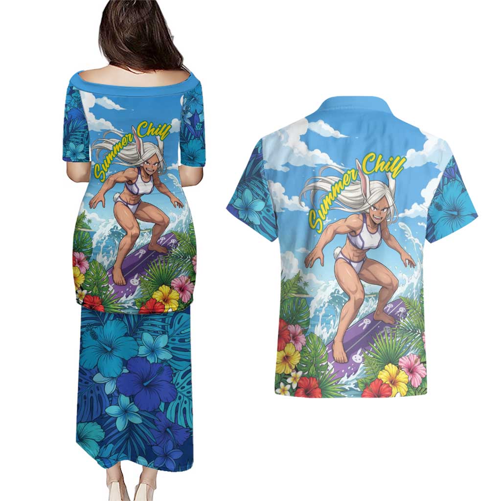 Mirko Summer Chill Couples Matching Puletasi and Hawaiian Shirt Tropical Anime Surfing Power