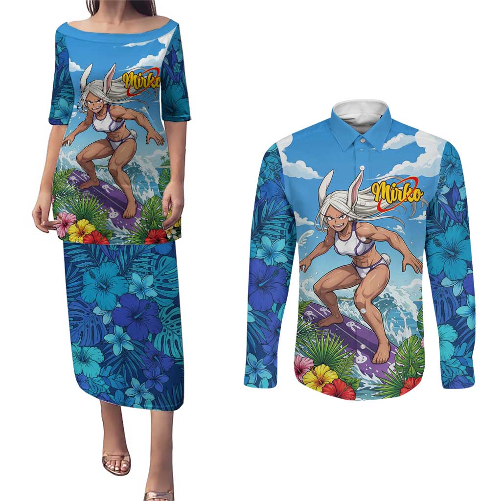 Mirko Summer Chill Couples Matching Puletasi and Long Sleeve Button Shirt Tropical Anime Surfing Power