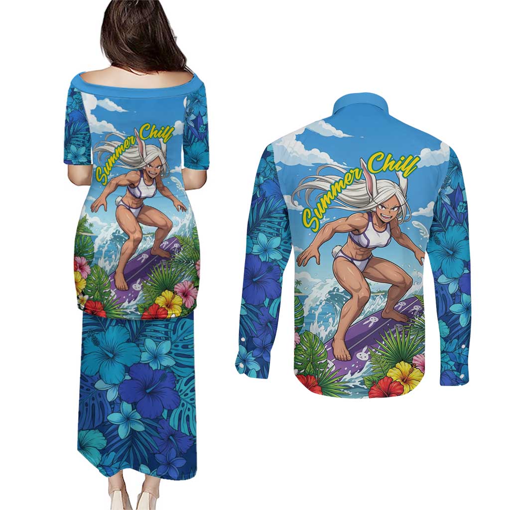 Mirko Summer Chill Couples Matching Puletasi and Long Sleeve Button Shirt Tropical Anime Surfing Power