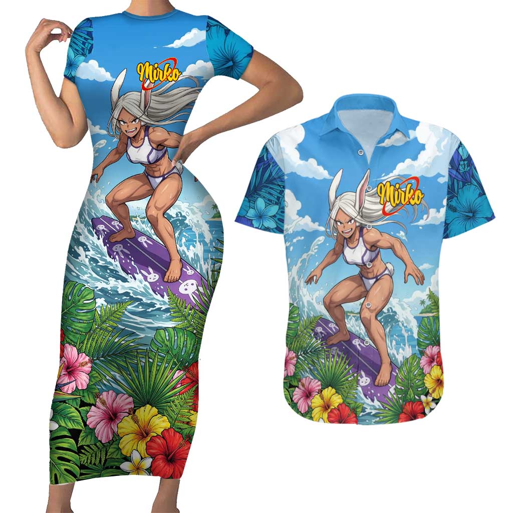 Mirko Summer Chill Couples Matching Short Sleeve Bodycon Dress and Hawaiian Shirt Tropical Anime Surfing Power