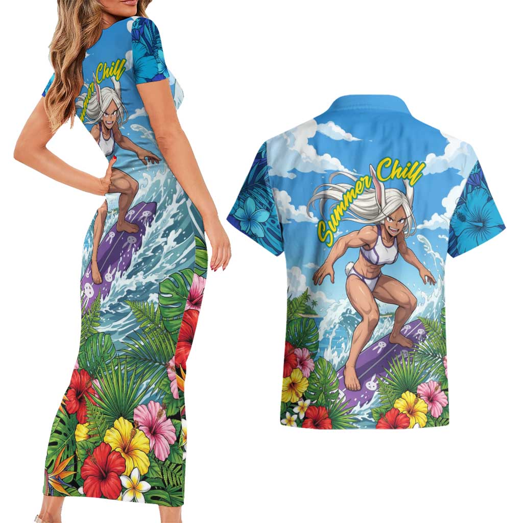 Mirko Summer Chill Couples Matching Short Sleeve Bodycon Dress and Hawaiian Shirt Tropical Anime Surfing Power