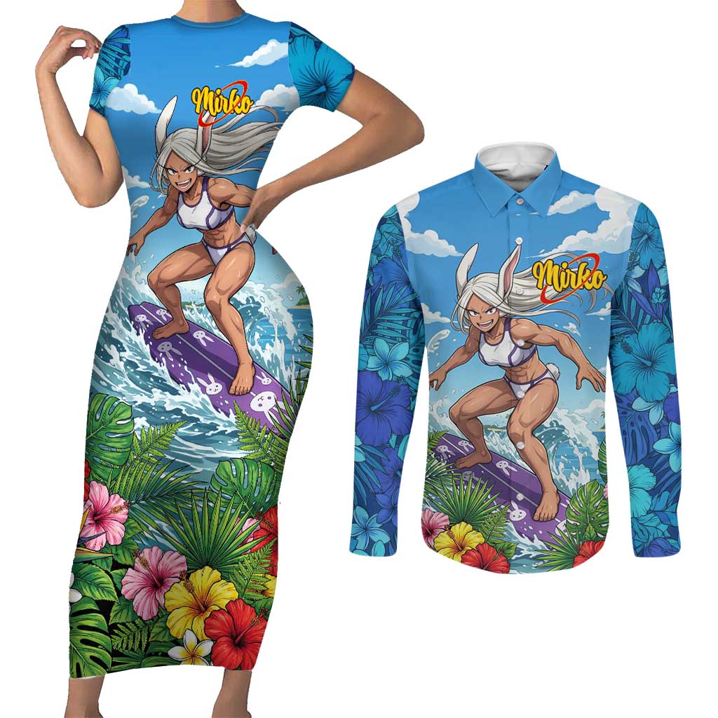 Mirko Summer Chill Couples Matching Short Sleeve Bodycon Dress and Long Sleeve Button Shirt Tropical Anime Surfing Power