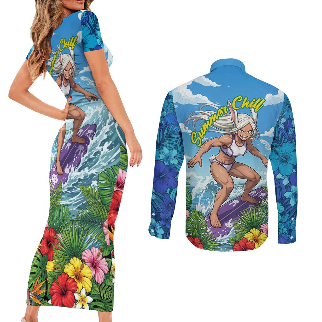 Mirko Summer Chill Couples Matching Short Sleeve Bodycon Dress and Long Sleeve Button Shirt Tropical Anime Surfing Power