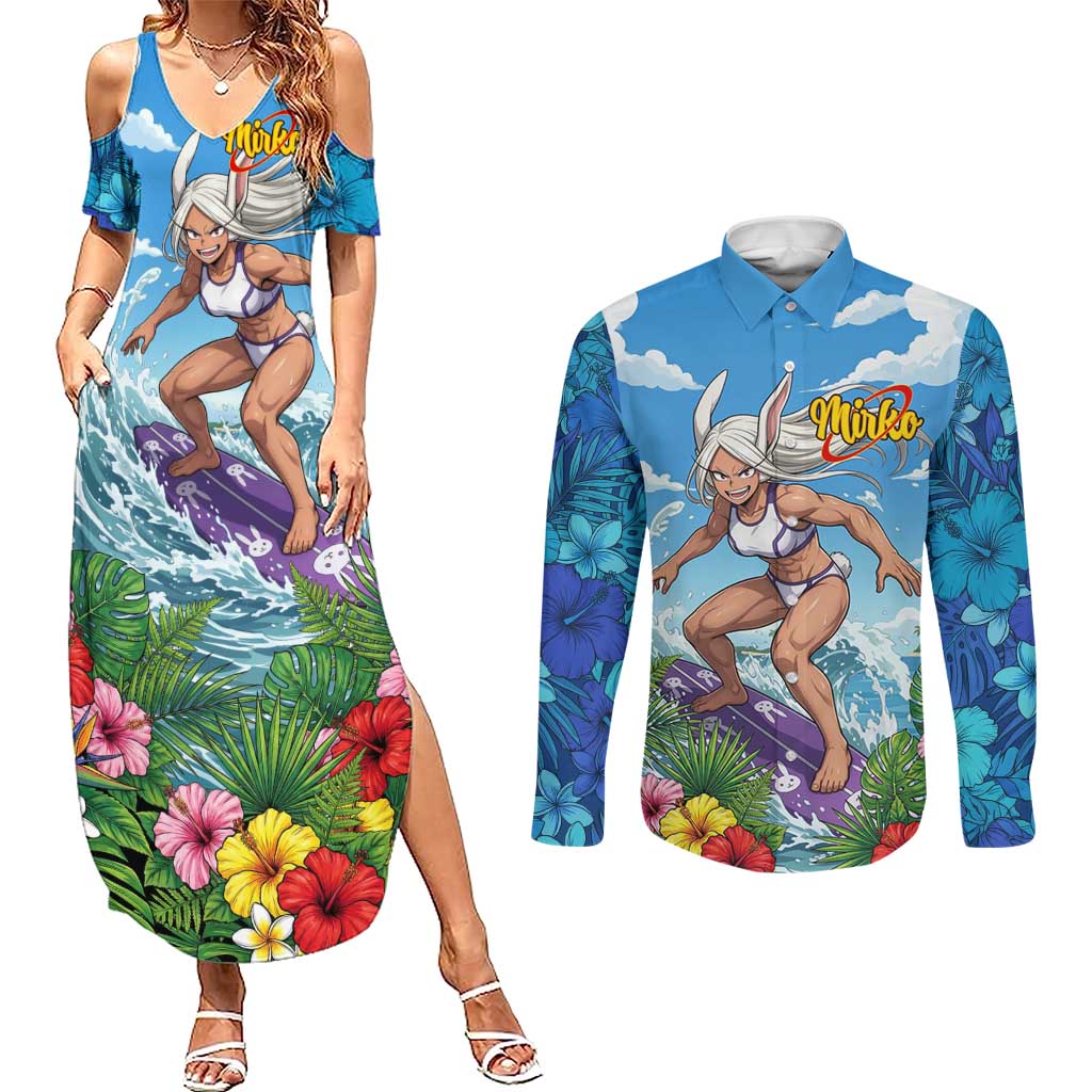 Mirko Summer Chill Couples Matching Summer Maxi Dress and Long Sleeve Button Shirt Tropical Anime Surfing Power