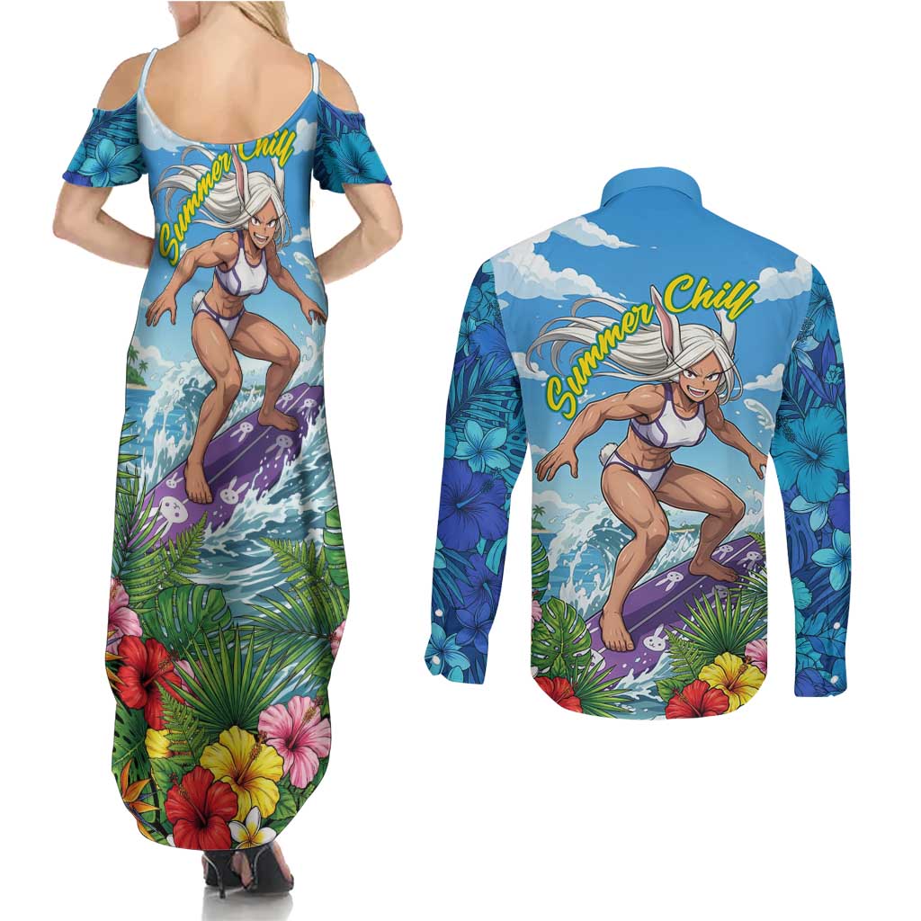 Mirko Summer Chill Couples Matching Summer Maxi Dress and Long Sleeve Button Shirt Tropical Anime Surfing Power