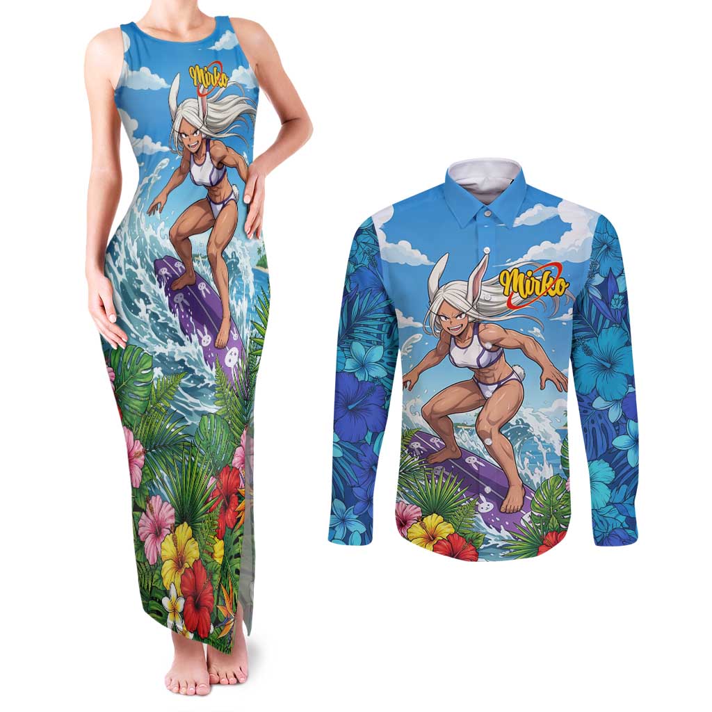 Mirko Summer Chill Couples Matching Tank Maxi Dress and Long Sleeve Button Shirt Tropical Anime Surfing Power