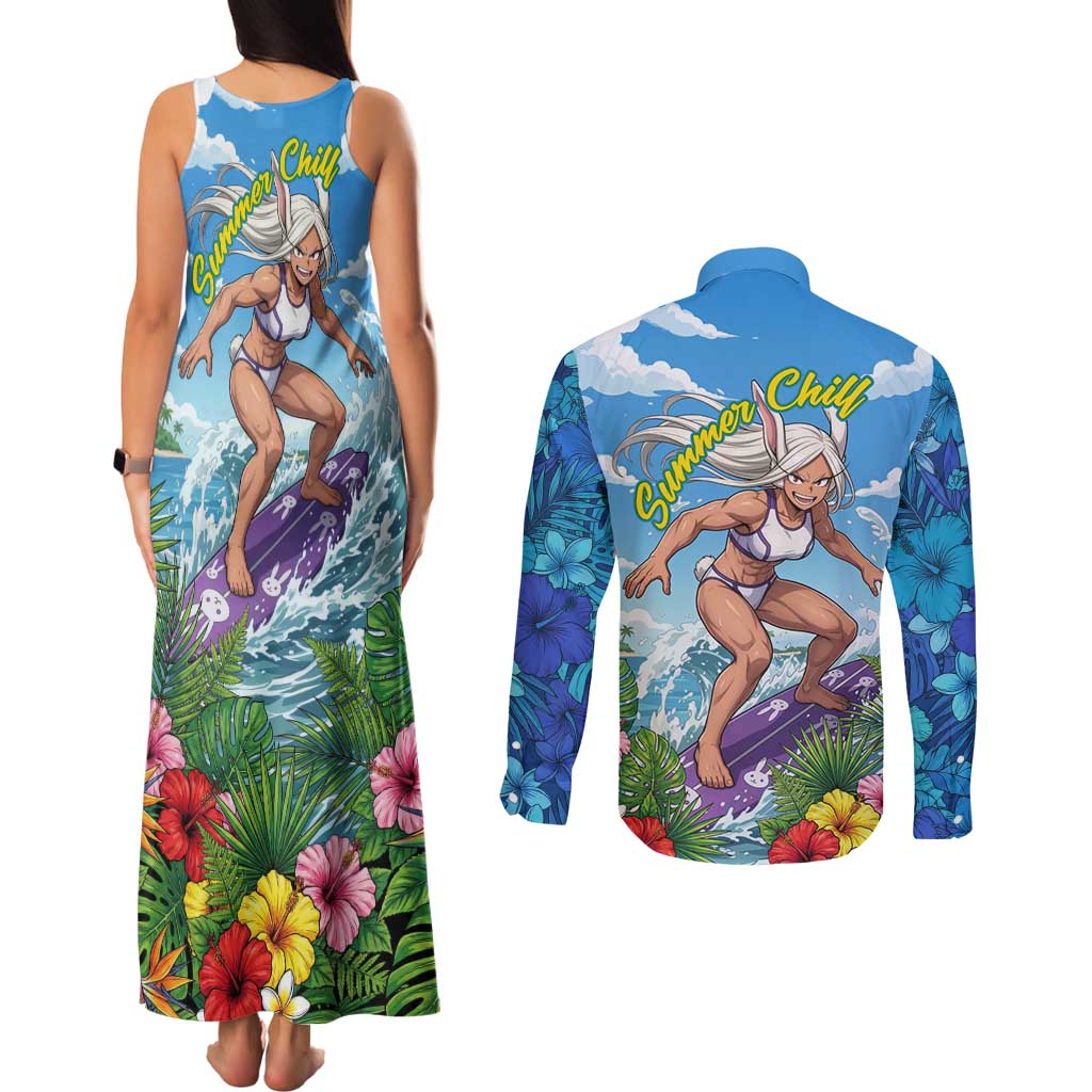 Mirko Summer Chill Couples Matching Tank Maxi Dress and Long Sleeve Button Shirt Tropical Anime Surfing Power